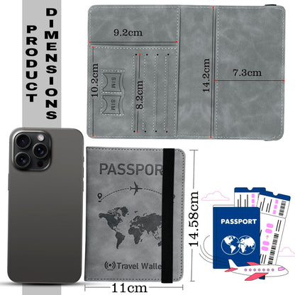 Grey RFID Blocking PU Leather Travel Passport Holder Cover Travel Wallet Organiser Passport Case Travel Document Organiser for Men & Women (14.58 X 11CM- Grey)