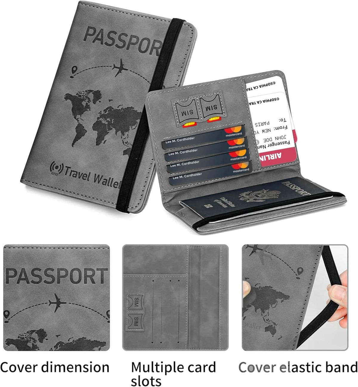 Grey RFID Blocking PU Leather Travel Passport Holder Cover Travel Wallet Organiser Passport Case Travel Document Organiser for Men & Women (14.58 X 11CM- Grey)