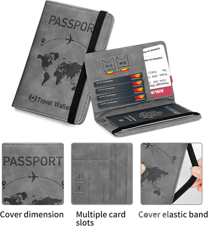 Grey RFID Blocking PU Leather Travel Passport Holder Cover Travel Wallet Organiser Passport Case Travel Document Organiser for Men & Women (14.58 X 11CM- Grey)