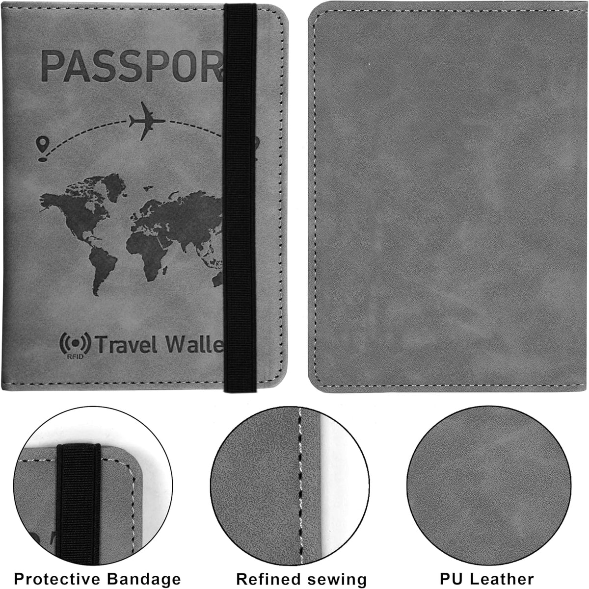 Grey RFID Blocking PU Leather Travel Passport Holder Cover Travel Wallet Organiser Passport Case Travel Document Organiser for Men & Women (14.58 X 11CM- Grey)