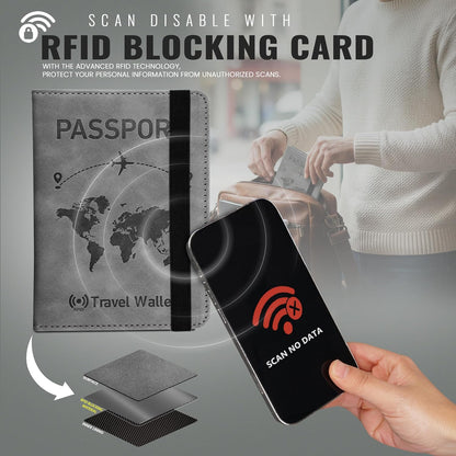 Grey RFID Blocking PU Leather Travel Passport Holder Cover Travel Wallet Organiser Passport Case Travel Document Organiser for Men & Women (14.58 X 11CM- Grey)