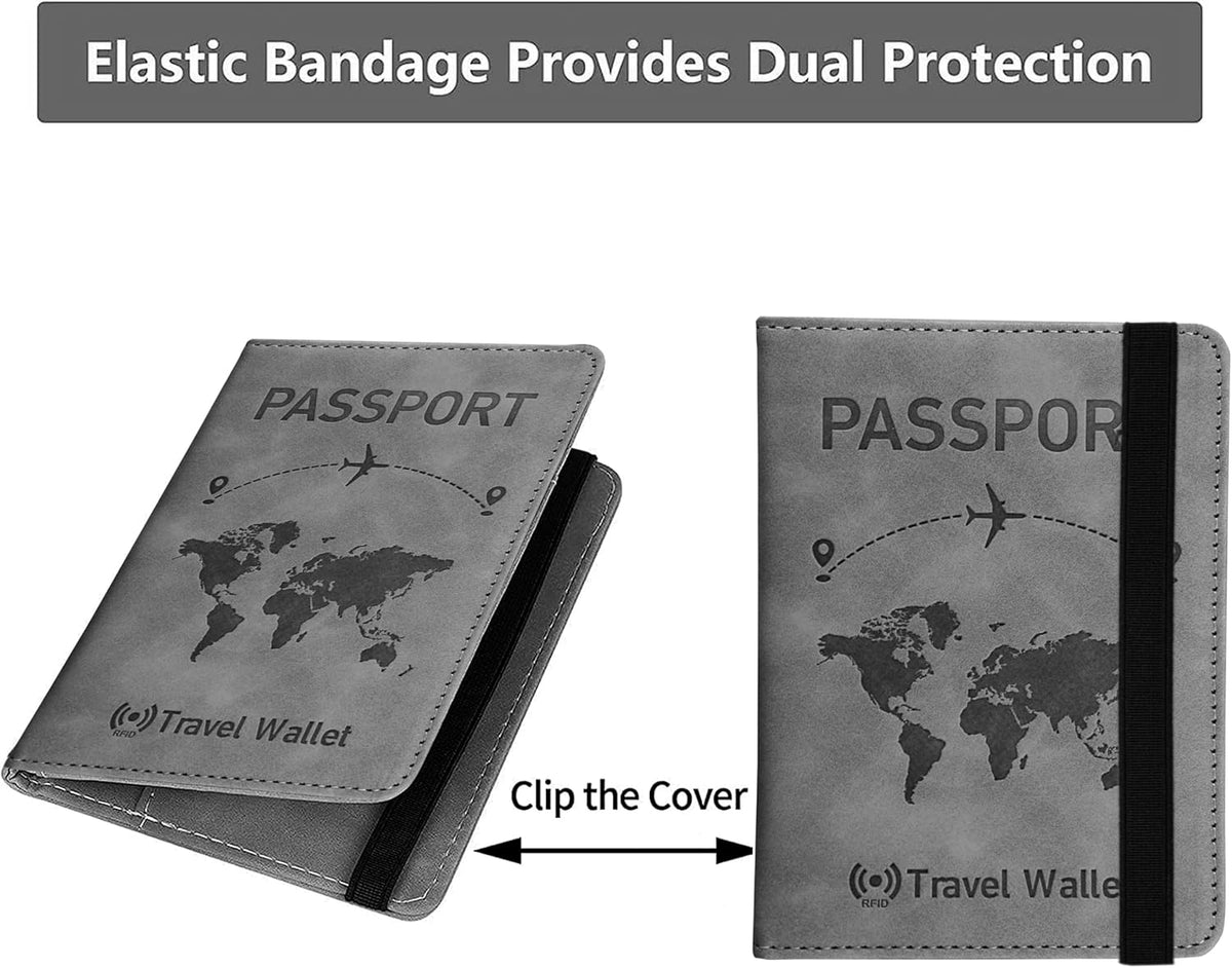 Grey RFID Blocking PU Leather Travel Passport Holder Cover Travel Wallet Organiser Passport Case Travel Document Organiser for Men & Women (14.58 X 11CM- Grey)