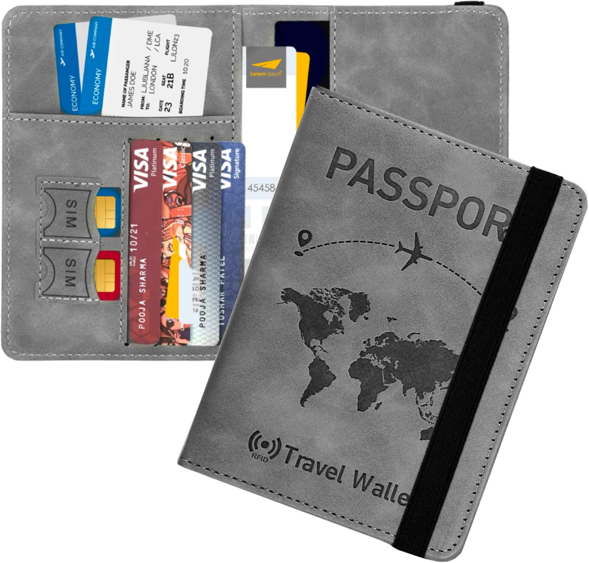 Grey RFID Blocking PU Leather Travel Passport Holder Cover Travel Wallet Organiser Passport Case Travel Document Organiser for Men & Women (14.58 X 11CM- Grey)