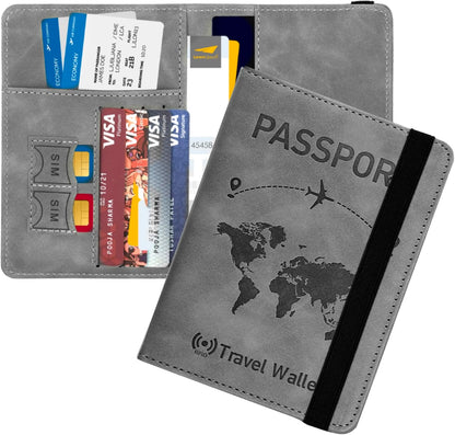 Grey RFID Blocking PU Leather Travel Passport Holder Cover Travel Wallet Organiser Passport Case Travel Document Organiser for Men & Women (14.58 X 11CM- Grey)