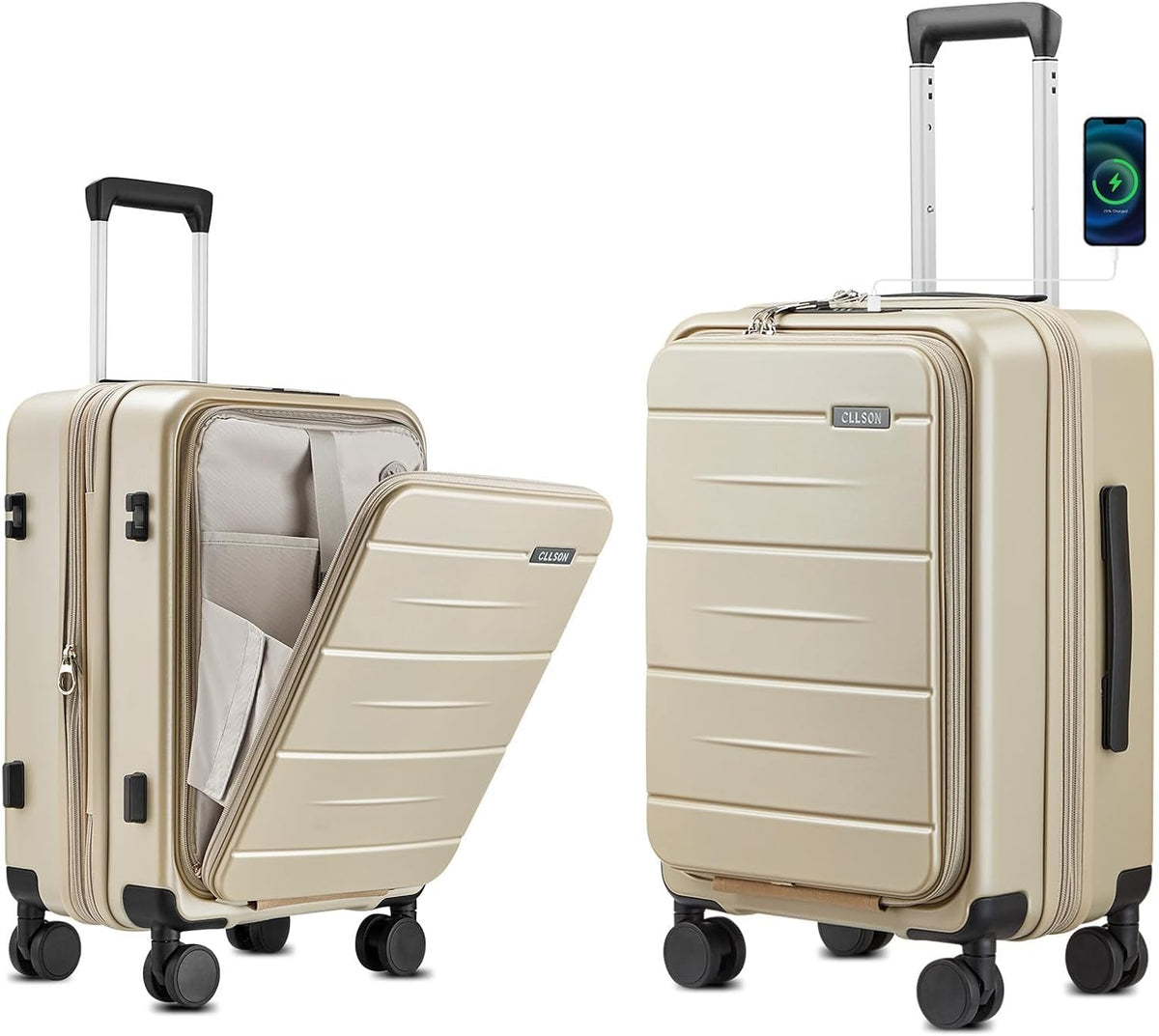 Carry On Luggage with Top Opening, Expandable with Laptop Compartment and USB Charging Port, Lightweight with Front Pocket Rolling Suitcases with Spinner Wheels (Khaki, 20 Inch)