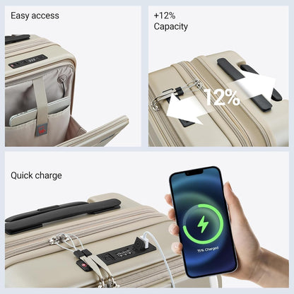 Carry On Luggage with Top Opening, Expandable with Laptop Compartment and USB Charging Port, Lightweight with Front Pocket Rolling Suitcases with Spinner Wheels (Khaki, 20 Inch)