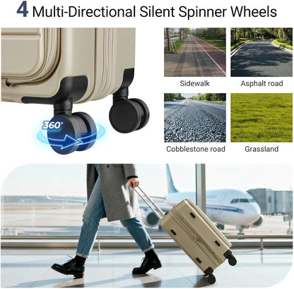 Carry On Luggage with Top Opening, Expandable with Laptop Compartment and USB Charging Port, Lightweight with Front Pocket Rolling Suitcases with Spinner Wheels (Khaki, 20 Inch)