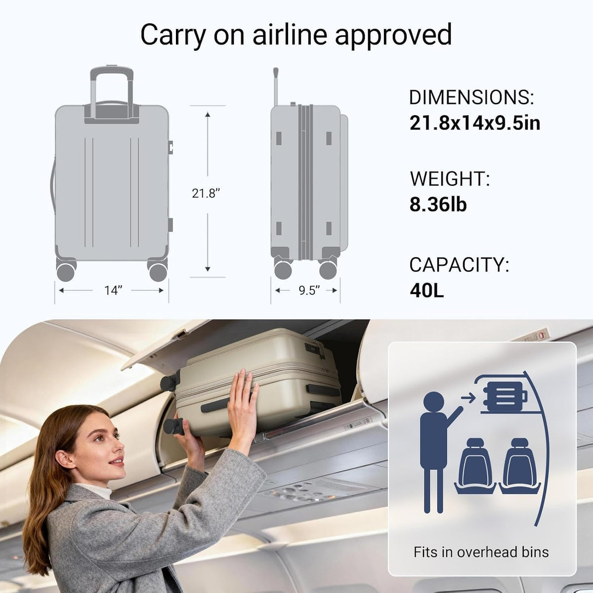 Carry On Luggage with Top Opening, Expandable with Laptop Compartment and USB Charging Port, Lightweight with Front Pocket Rolling Suitcases with Spinner Wheels (Khaki, 20 Inch)