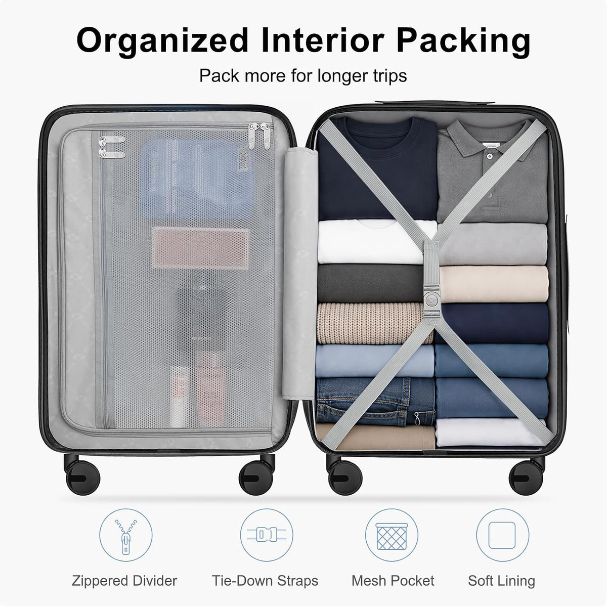 20 Inch Carry On Luggage 22x14x9 Airline Approved, PC Hardside Suitcase with TSA Lock, Lightweight Rolling Travel Suitcase with Spinner Wheels, Black