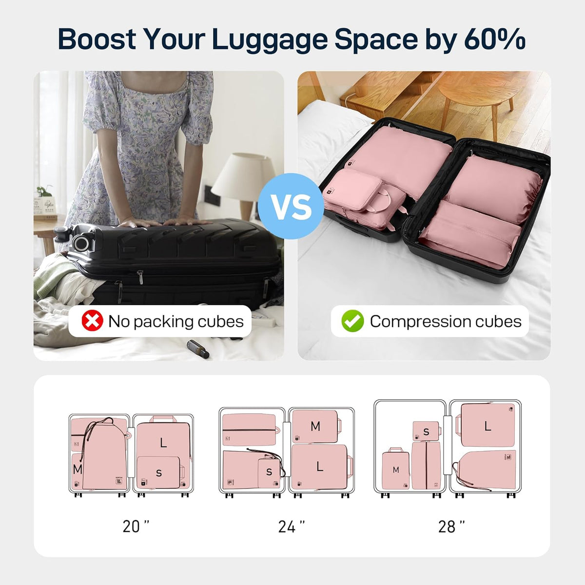 5 Set Ultra-Lightweight Compression Packing Cubes - Water Resistant Durable Travel Organizers Bags, Expandable Travel Accessories for Carry on, Luggage, Suitcase, Backpack (Pink)