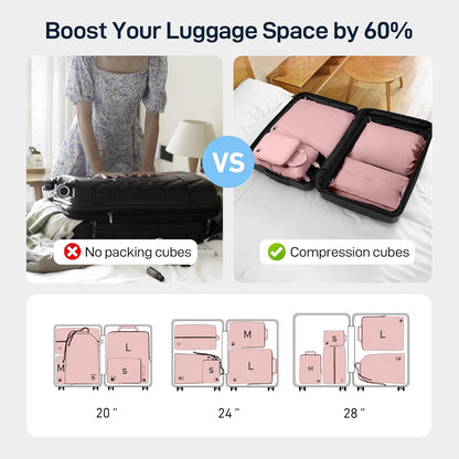5 Set Ultra-Lightweight Compression Packing Cubes - Water Resistant Durable Travel Organizers Bags, Expandable Travel Accessories for Carry on, Luggage, Suitcase, Backpack (Pink)