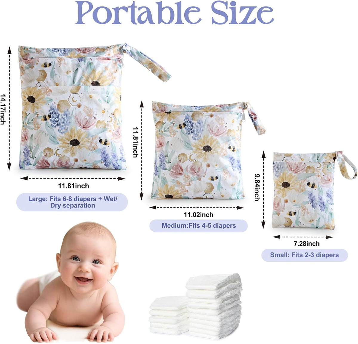 Waterproof Wetbag, Wet Bags for Baby Cloth Diapers and Soiled Clothes, Reusable Wet Bag for Swimsuit and Towels with Double Zipper Pockets, Travel Beach Pool Essentials