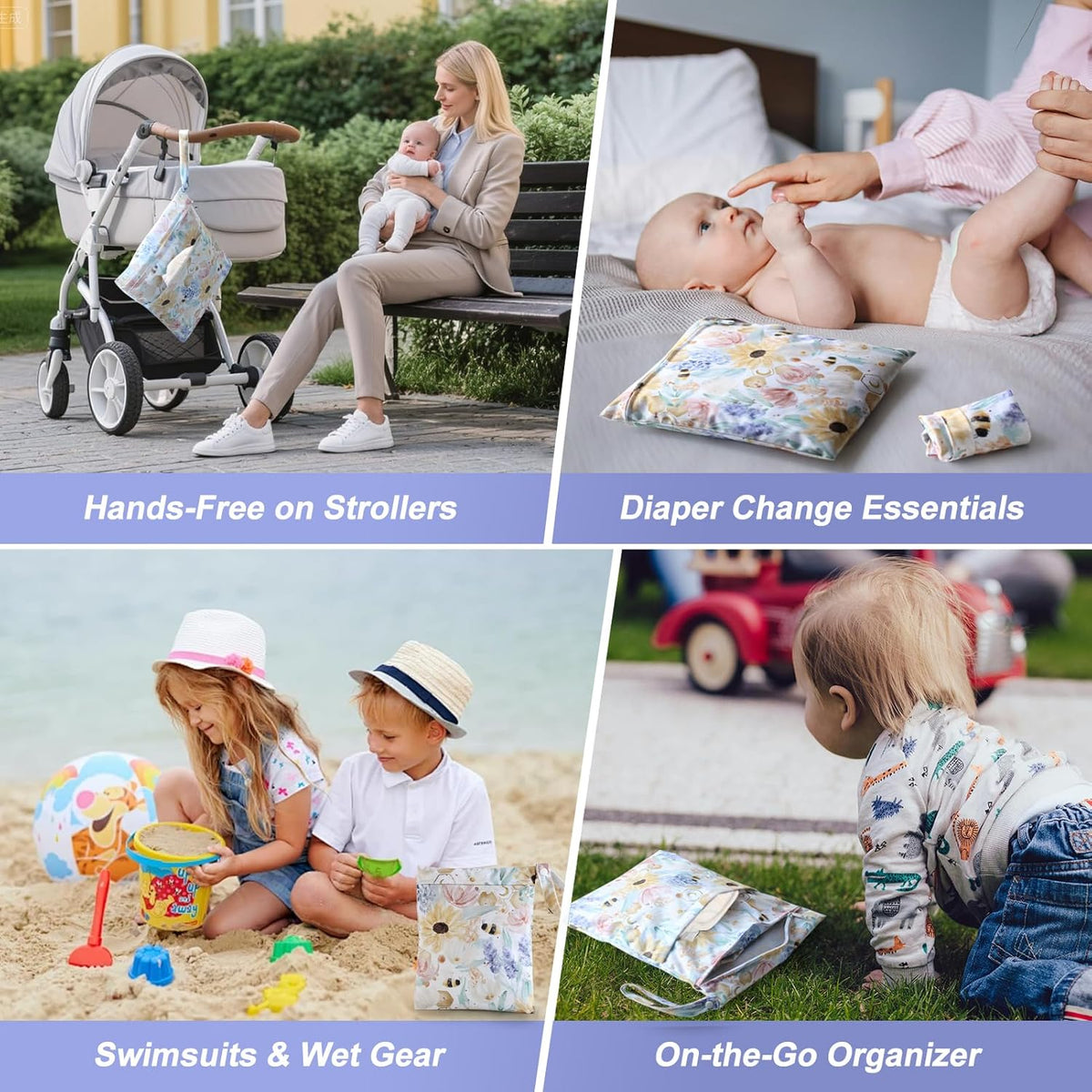 Waterproof Wetbag, Wet Bags for Baby Cloth Diapers and Soiled Clothes, Reusable Wet Bag for Swimsuit and Towels with Double Zipper Pockets, Travel Beach Pool Essentials