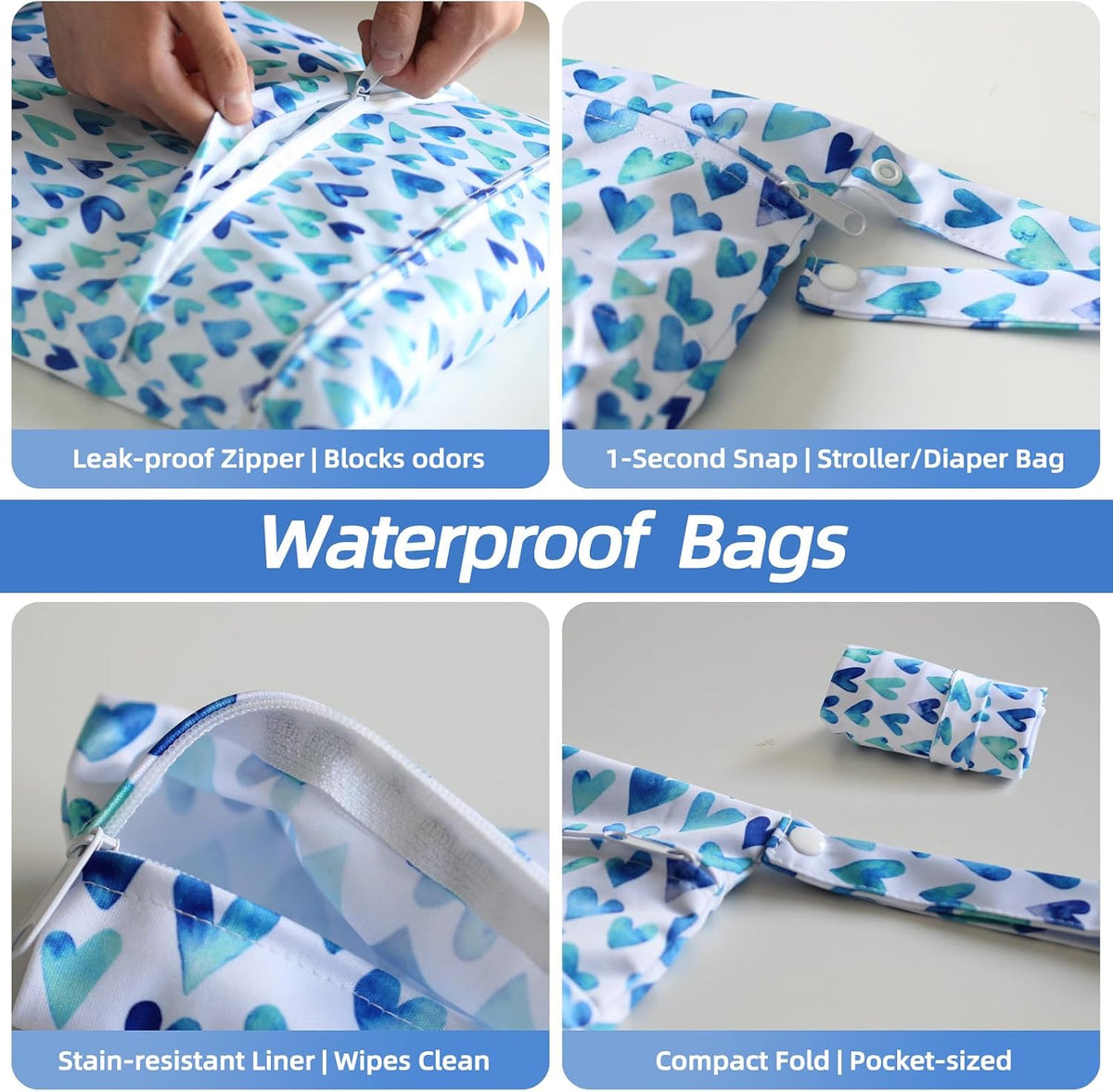Waterproof Wetbag, Wet Bags for Baby Cloth Diapers and Soiled Clothes, Reusable Wet Bag for Swimsuit and Towels with Double Zipper Pockets, Travel Beach Pool Essentials