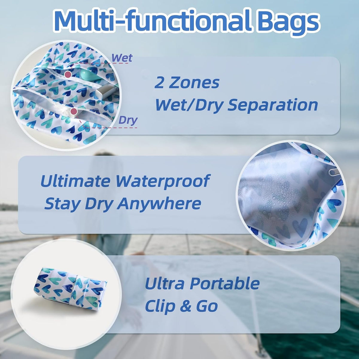 Waterproof Wetbag, Wet Bags for Baby Cloth Diapers and Soiled Clothes, Reusable Wet Bag for Swimsuit and Towels with Double Zipper Pockets, Travel Beach Pool Essentials