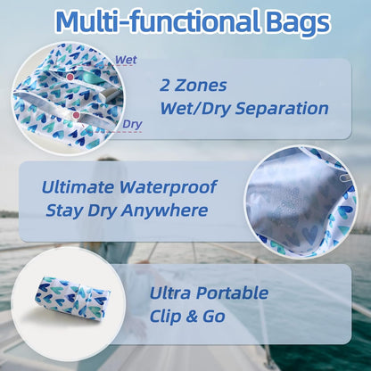 Waterproof Wetbag, Wet Bags for Baby Cloth Diapers and Soiled Clothes, Reusable Wet Bag for Swimsuit and Towels with Double Zipper Pockets, Travel Beach Pool Essentials
