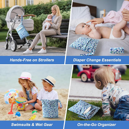Waterproof Wetbag, Wet Bags for Baby Cloth Diapers and Soiled Clothes, Reusable Wet Bag for Swimsuit and Towels with Double Zipper Pockets, Travel Beach Pool Essentials