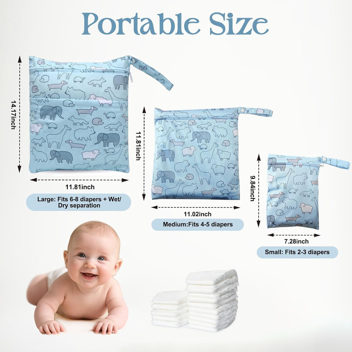 Waterproof Wetbag, Wet Bags for Baby Cloth Diapers and Soiled Clothes, Reusable Wet Bag for Swimsuit and Towels with Double Zipper Pockets, Travel Beach Pool Essentials
