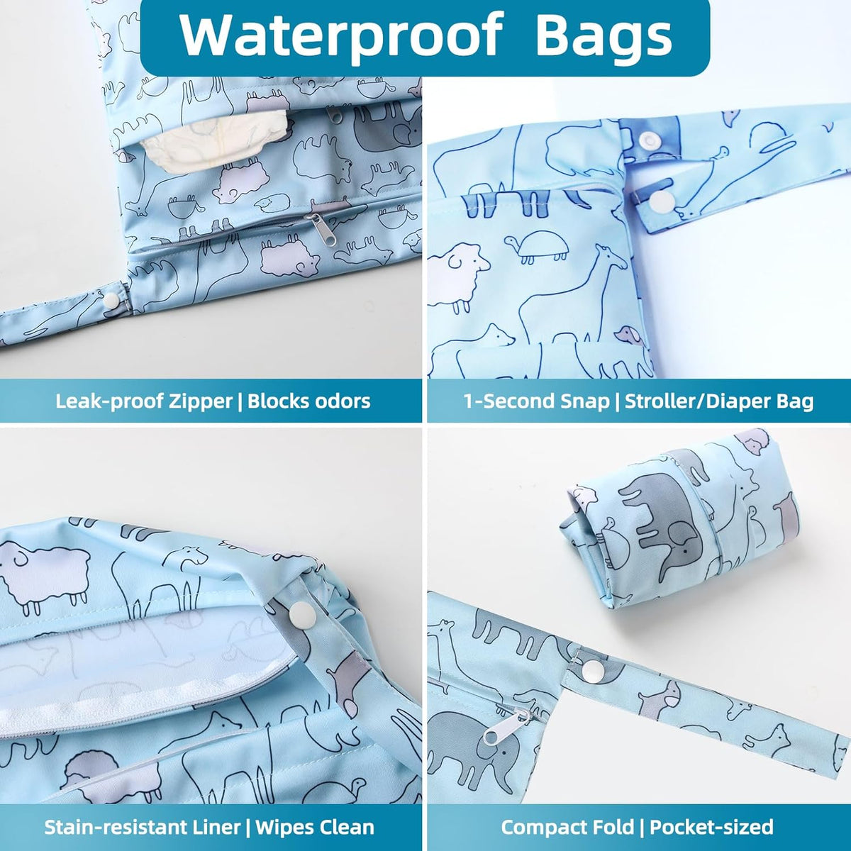 Waterproof Wetbag, Wet Bags for Baby Cloth Diapers and Soiled Clothes, Reusable Wet Bag for Swimsuit and Towels with Double Zipper Pockets, Travel Beach Pool Essentials