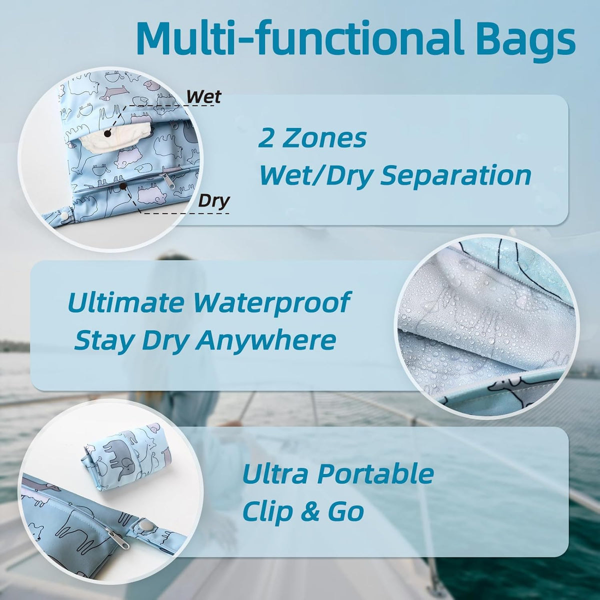 Waterproof Wetbag, Wet Bags for Baby Cloth Diapers and Soiled Clothes, Reusable Wet Bag for Swimsuit and Towels with Double Zipper Pockets, Travel Beach Pool Essentials