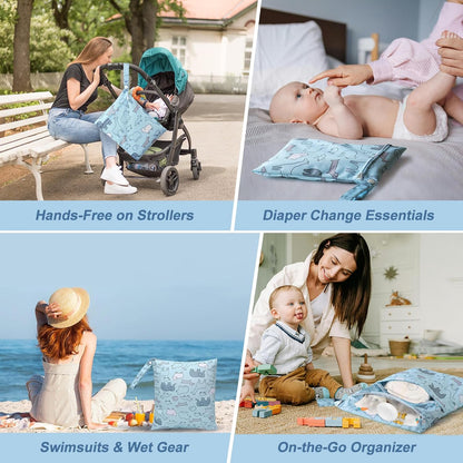 Waterproof Wetbag, Wet Bags for Baby Cloth Diapers and Soiled Clothes, Reusable Wet Bag for Swimsuit and Towels with Double Zipper Pockets, Travel Beach Pool Essentials
