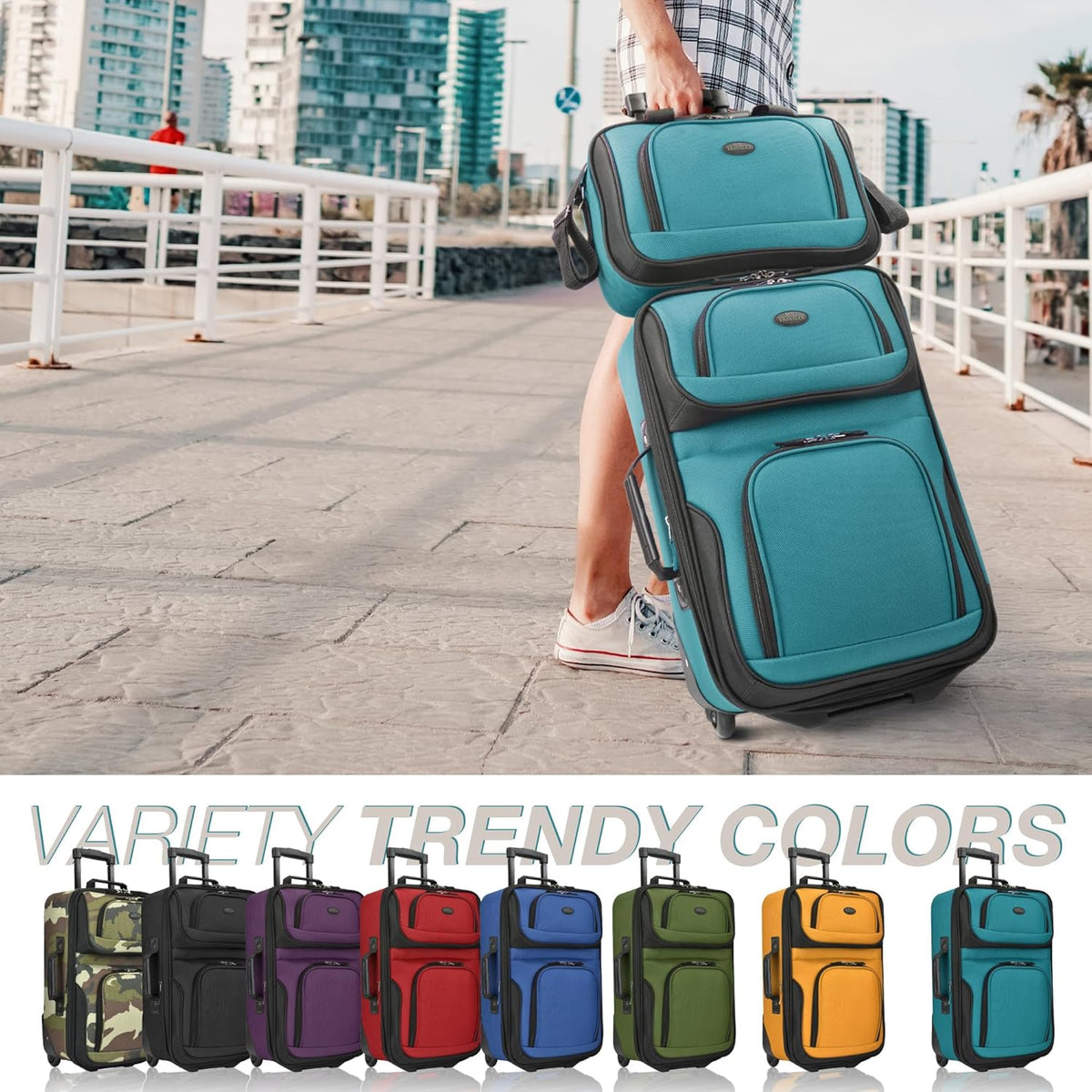 Rio Lightweight Softside Rolling Carry-on Suitcase, 4-Wheel Single, Light Blue