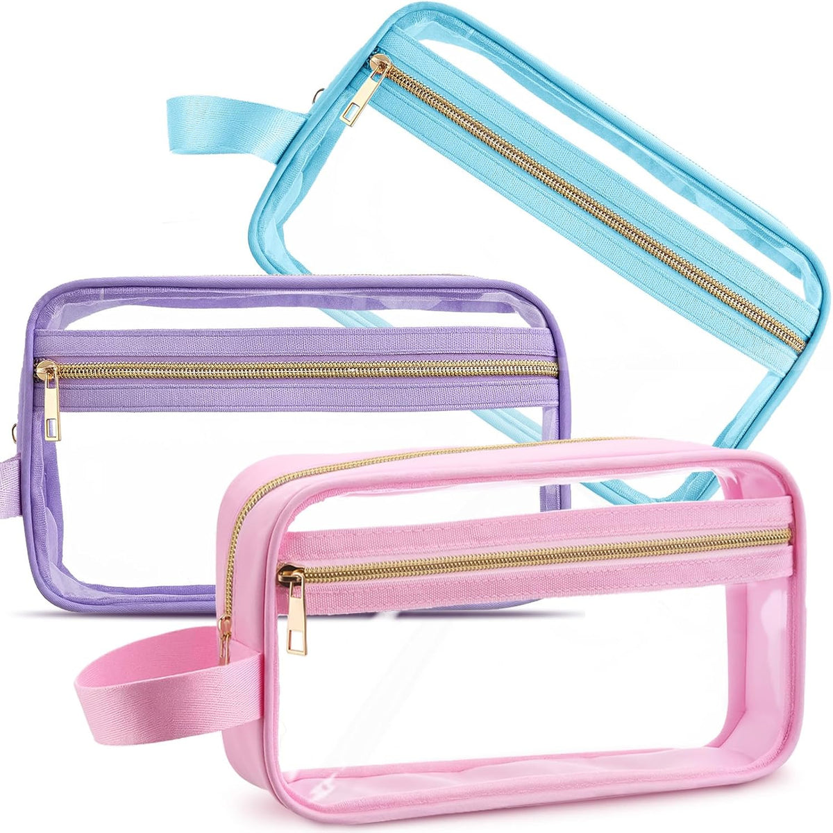 3 Pcs Clear Makeup Bags Tsa Approved Toiletry Bag with Handles Cosmetic Bags with Zipper Small Clear Travel Toiletry Bag for Women Carry-on Travel Essentials(Blue, Purple, Pink)