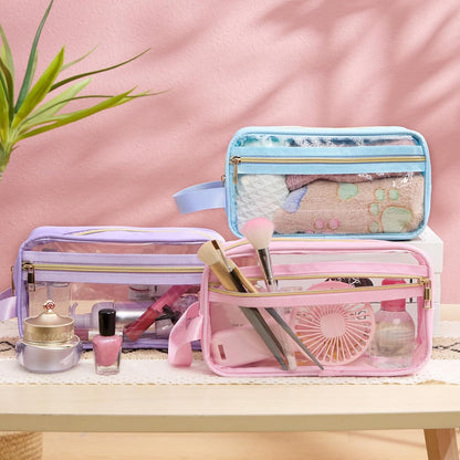 3 Pcs Clear Makeup Bags Tsa Approved Toiletry Bag with Handles Cosmetic Bags with Zipper Small Clear Travel Toiletry Bag for Women Carry-on Travel Essentials(Blue, Purple, Pink)