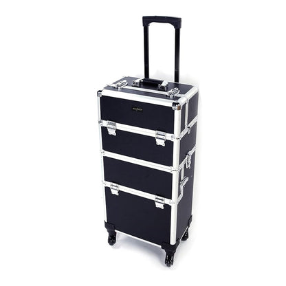 mefeir 3 in 1 Rolling Makeup Train Case, Aluminum Makeup Travel Organizer Cosmetic Case, Cosmetology Display Suitcase on Wheels, Beauty Storage Luggage Lockable w/4 Removable Wheels (Rose-Pink)