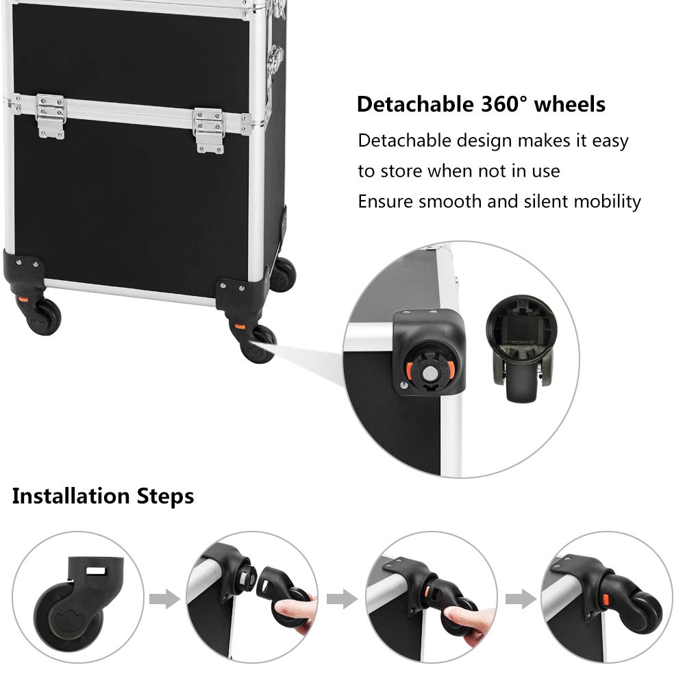 mefeir 3 in 1 Rolling Makeup Train Case, Aluminum Makeup Travel Organizer Cosmetic Case, Cosmetology Display Suitcase on Wheels, Beauty Storage Luggage Lockable w/4 Removable Wheels (Rose-Pink)