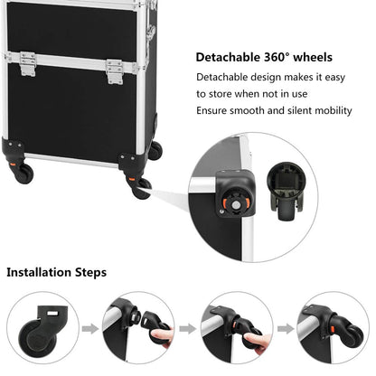 mefeir 3 in 1 Rolling Makeup Train Case, Aluminum Makeup Travel Organizer Cosmetic Case, Cosmetology Display Suitcase on Wheels, Beauty Storage Luggage Lockable w/4 Removable Wheels (Rose-Pink)