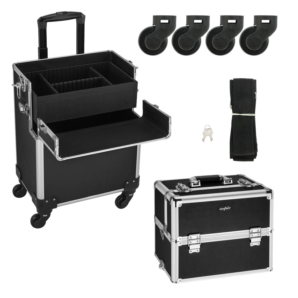 mefeir 3 in 1 Rolling Makeup Train Case, Aluminum Makeup Travel Organizer Cosmetic Case, Cosmetology Display Suitcase on Wheels, Beauty Storage Luggage Lockable w/4 Removable Wheels (Rose-Pink)
