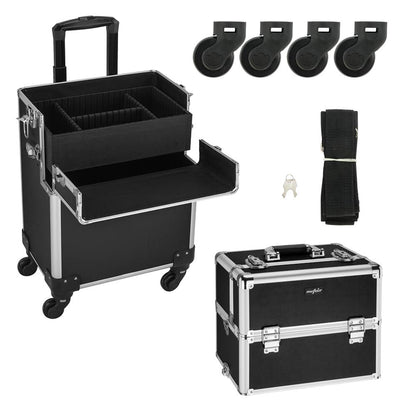 mefeir 3 in 1 Rolling Makeup Train Case, Aluminum Makeup Travel Organizer Cosmetic Case, Cosmetology Display Suitcase on Wheels, Beauty Storage Luggage Lockable w/4 Removable Wheels (Rose-Pink)