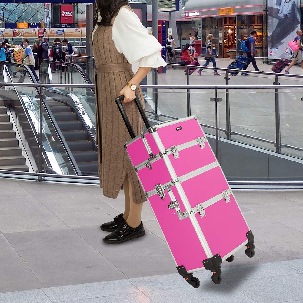mefeir 3 in 1 Rolling Makeup Train Case, Aluminum Makeup Travel Organizer Cosmetic Case, Cosmetology Display Suitcase on Wheels, Beauty Storage Luggage Lockable w/4 Removable Wheels (Rose-Pink)