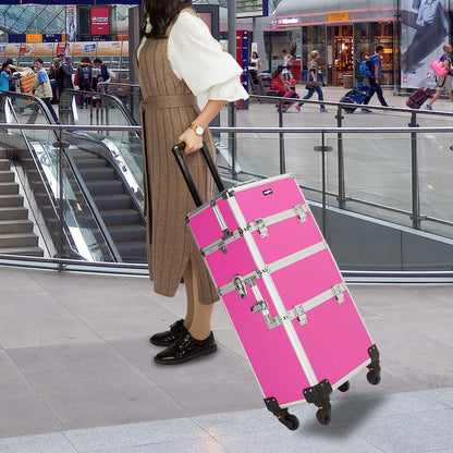 mefeir 3 in 1 Rolling Makeup Train Case, Aluminum Makeup Travel Organizer Cosmetic Case, Cosmetology Display Suitcase on Wheels, Beauty Storage Luggage Lockable w/4 Removable Wheels (Rose-Pink)