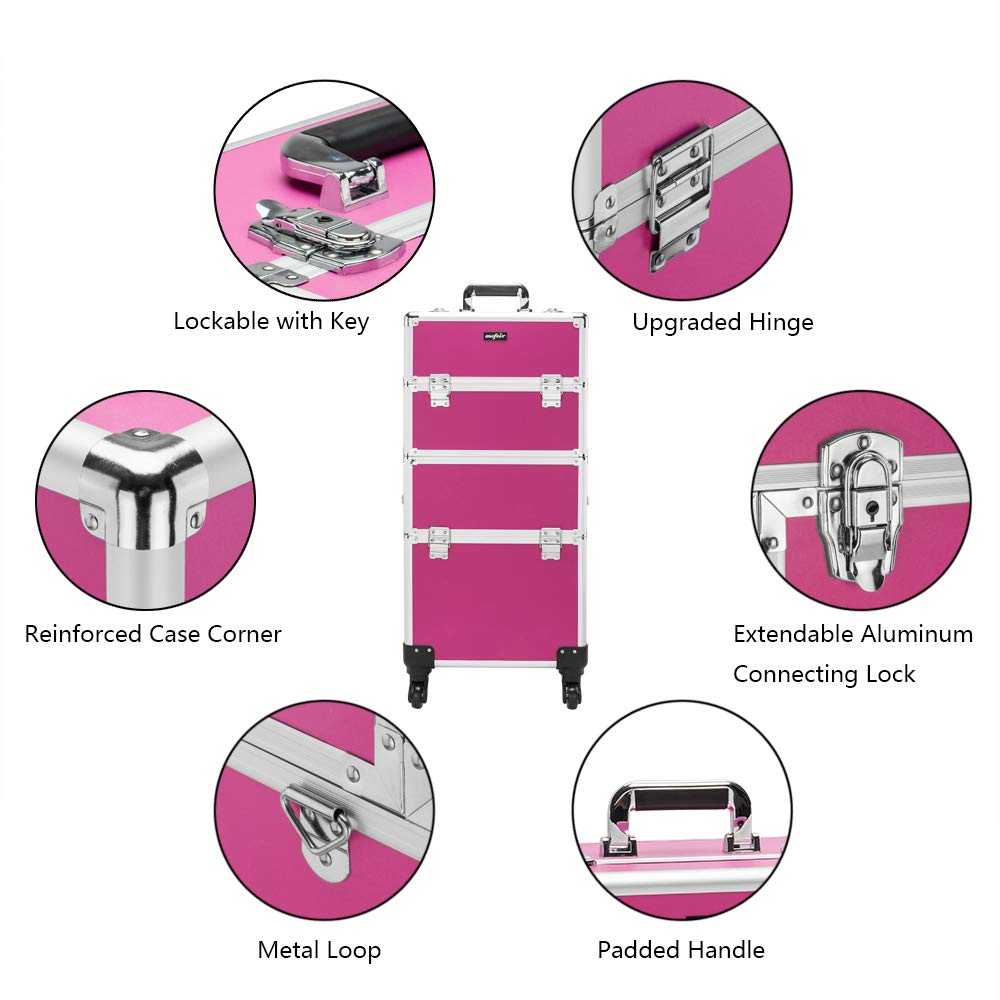 mefeir 3 in 1 Rolling Makeup Train Case, Aluminum Makeup Travel Organizer Cosmetic Case, Cosmetology Display Suitcase on Wheels, Beauty Storage Luggage Lockable w/4 Removable Wheels (Rose-Pink)