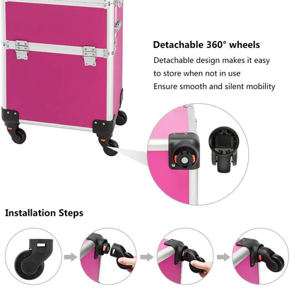 mefeir 3 in 1 Rolling Makeup Train Case, Aluminum Makeup Travel Organizer Cosmetic Case, Cosmetology Display Suitcase on Wheels, Beauty Storage Luggage Lockable w/4 Removable Wheels (Rose-Pink)