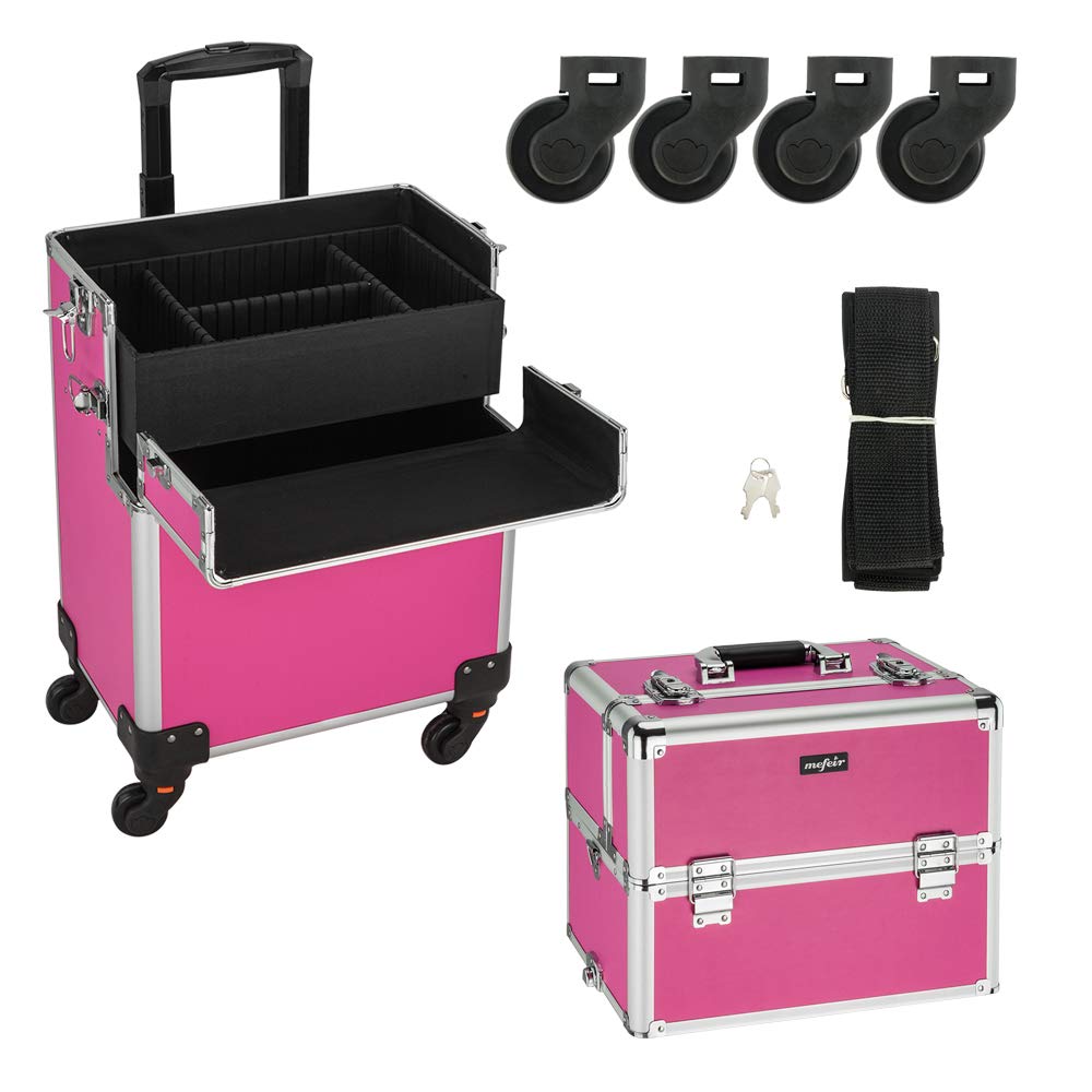 mefeir 3 in 1 Rolling Makeup Train Case, Aluminum Makeup Travel Organizer Cosmetic Case, Cosmetology Display Suitcase on Wheels, Beauty Storage Luggage Lockable w/4 Removable Wheels (Rose-Pink)