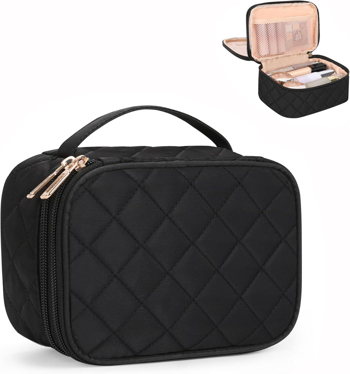 Travel Makeup Bag, Small Floral Cosmetic Bag with Makeup Brush Compartment, Portable Makeup Pouch for Women, Double Layer Makeup Organizer Bag Cute Toiletry Bag