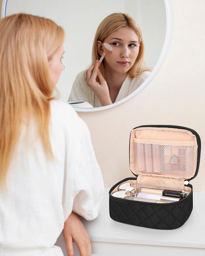Travel Makeup Bag, Small Floral Cosmetic Bag with Makeup Brush Compartment, Portable Makeup Pouch for Women, Double Layer Makeup Organizer Bag Cute Toiletry Bag