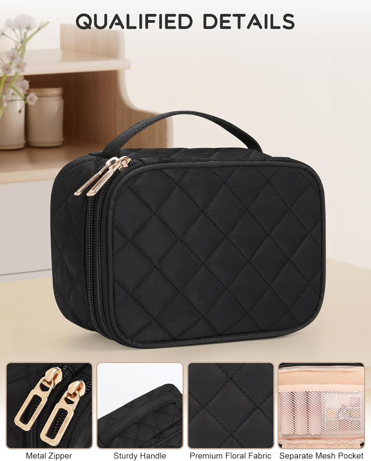 Travel Makeup Bag, Small Floral Cosmetic Bag with Makeup Brush Compartment, Portable Makeup Pouch for Women, Double Layer Makeup Organizer Bag Cute Toiletry Bag