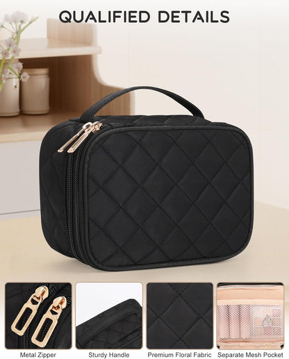 Travel Makeup Bag, Small Floral Cosmetic Bag with Makeup Brush Compartment, Portable Makeup Pouch for Women, Double Layer Makeup Organizer Bag Cute Toiletry Bag