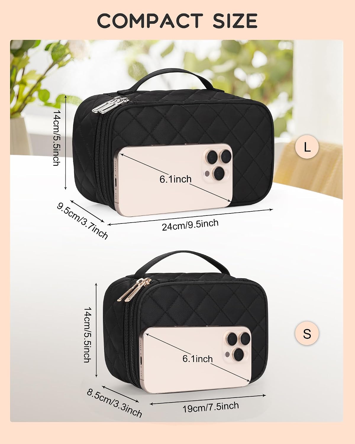 Travel Makeup Bag, Small Floral Cosmetic Bag with Makeup Brush Compartment, Portable Makeup Pouch for Women, Double Layer Makeup Organizer Bag Cute Toiletry Bag