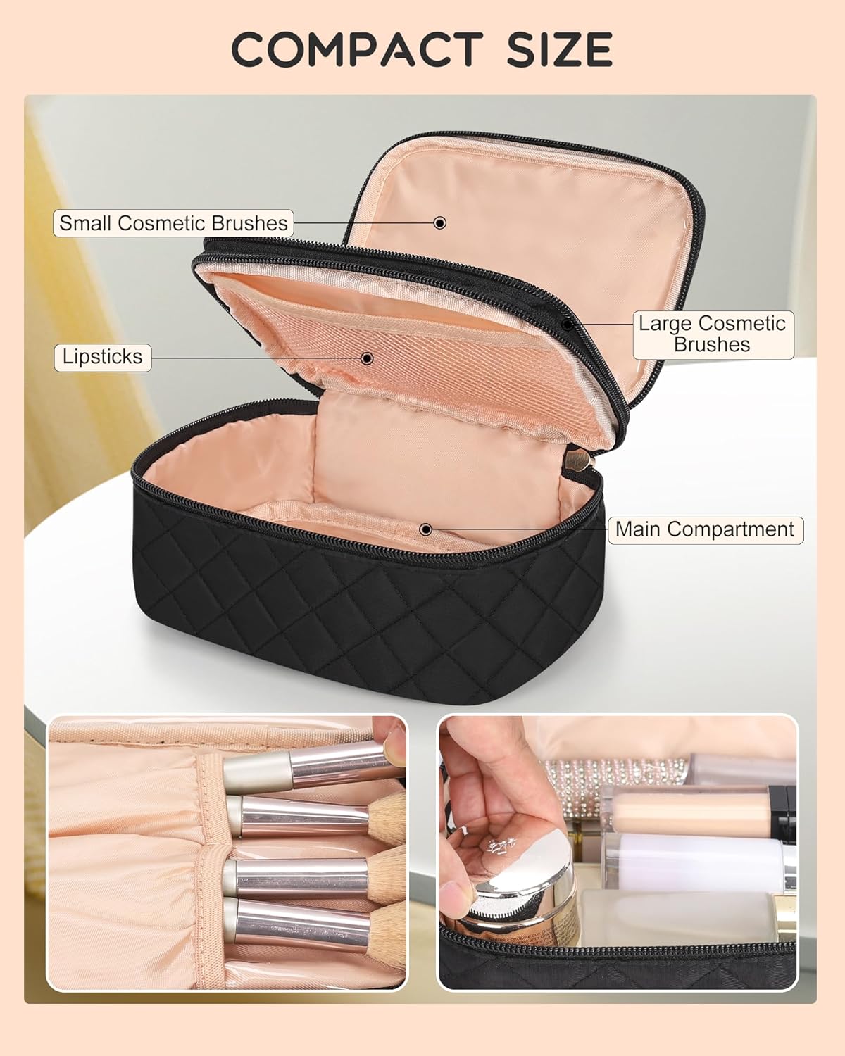 Travel Makeup Bag, Small Floral Cosmetic Bag with Makeup Brush Compartment, Portable Makeup Pouch for Women, Double Layer Makeup Organizer Bag Cute Toiletry Bag