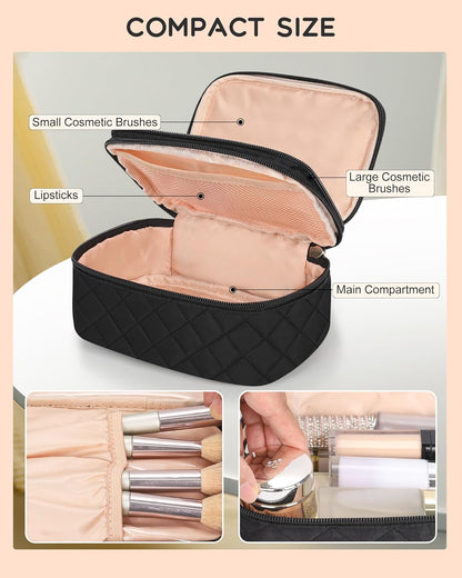 Travel Makeup Bag, Small Floral Cosmetic Bag with Makeup Brush Compartment, Portable Makeup Pouch for Women, Double Layer Makeup Organizer Bag Cute Toiletry Bag
