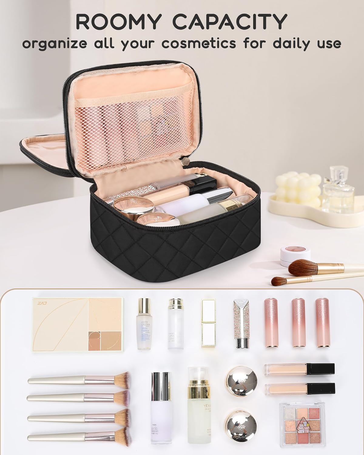 Travel Makeup Bag, Small Floral Cosmetic Bag with Makeup Brush Compartment, Portable Makeup Pouch for Women, Double Layer Makeup Organizer Bag Cute Toiletry Bag
