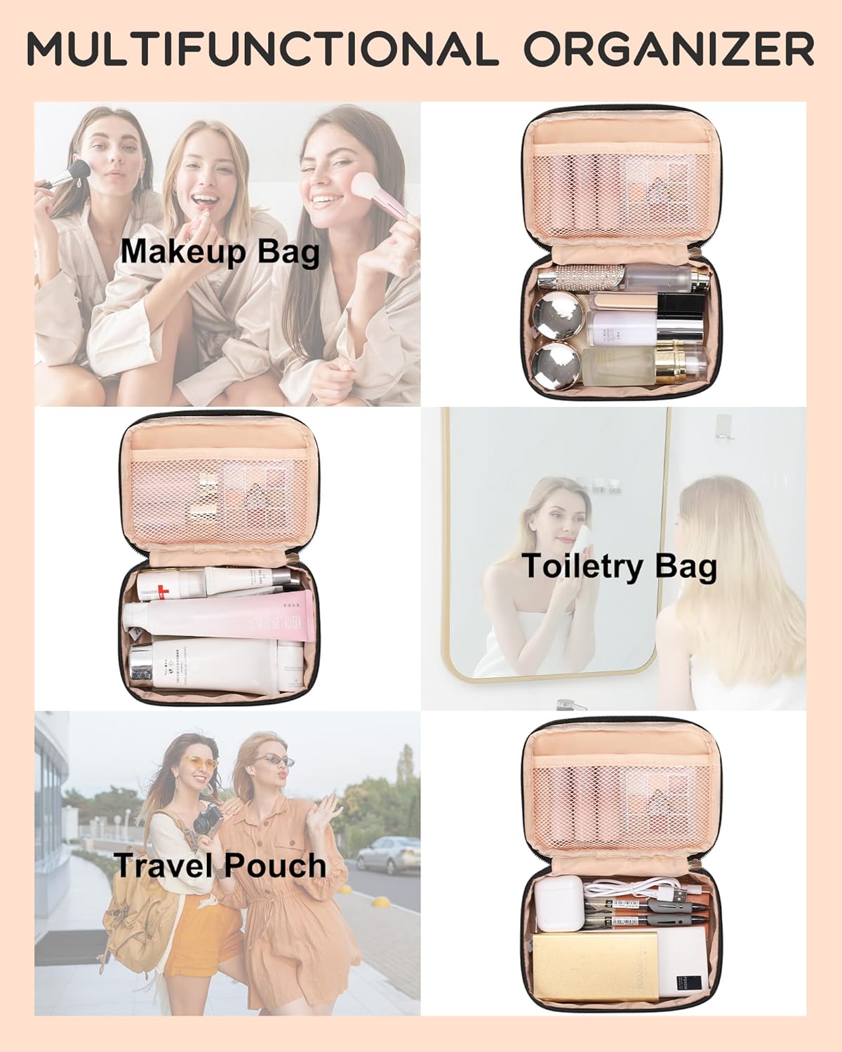 Travel Makeup Bag, Small Floral Cosmetic Bag with Makeup Brush Compartment, Portable Makeup Pouch for Women, Double Layer Makeup Organizer Bag Cute Toiletry Bag