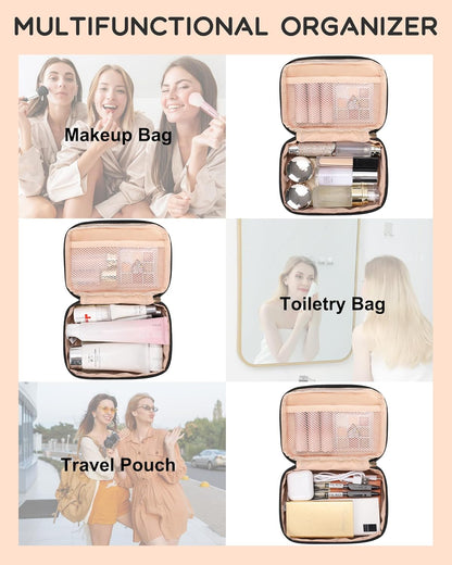 Travel Makeup Bag, Small Floral Cosmetic Bag with Makeup Brush Compartment, Portable Makeup Pouch for Women, Double Layer Makeup Organizer Bag Cute Toiletry Bag