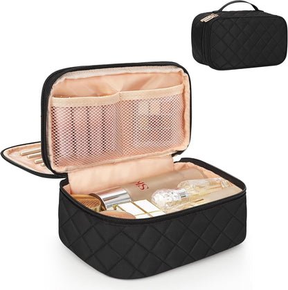 Travel Makeup Bag, Small Floral Cosmetic Bag with Makeup Brush Compartment, Portable Makeup Pouch for Women, Double Layer Makeup Organizer Bag Cute Toiletry Bag