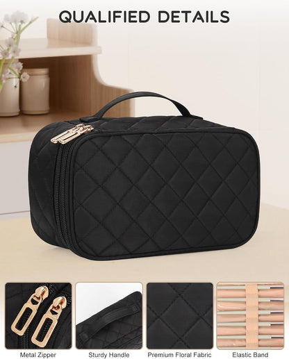 Travel Makeup Bag, Small Floral Cosmetic Bag with Makeup Brush Compartment, Portable Makeup Pouch for Women, Double Layer Makeup Organizer Bag Cute Toiletry Bag